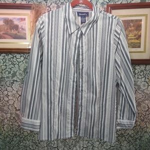 Denim&Co grey and silver striped long sleeve shirt buttons up loose fitting